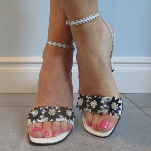 CHARLES DAVID White and Black Decorated High Heel Ankle Strap Sandals - Picture 5 of 9